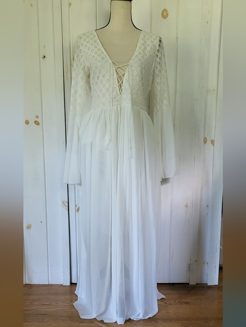Whimsical Flowy Festival Crochet Bodice Deep V Maxi Dress